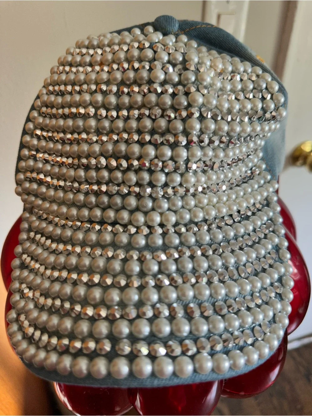 Pearl Studded Denim Hat, Adjustable Size — NWT